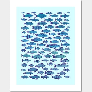 School of Blue Sardine Fish Swimming Posters and Art